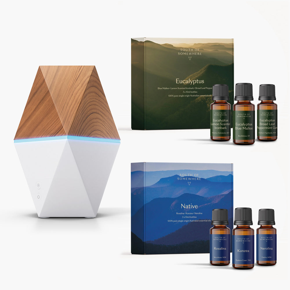 South Of Somewhere Native & Eucalyptus Essential Oil Multipack with Light Wood Diffuser