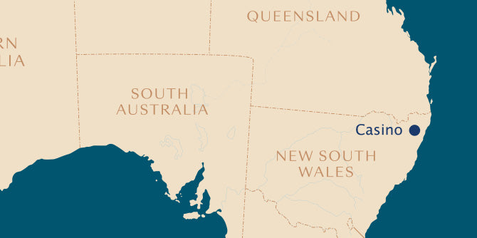 A map of Australia with Casino, NSW pinned 